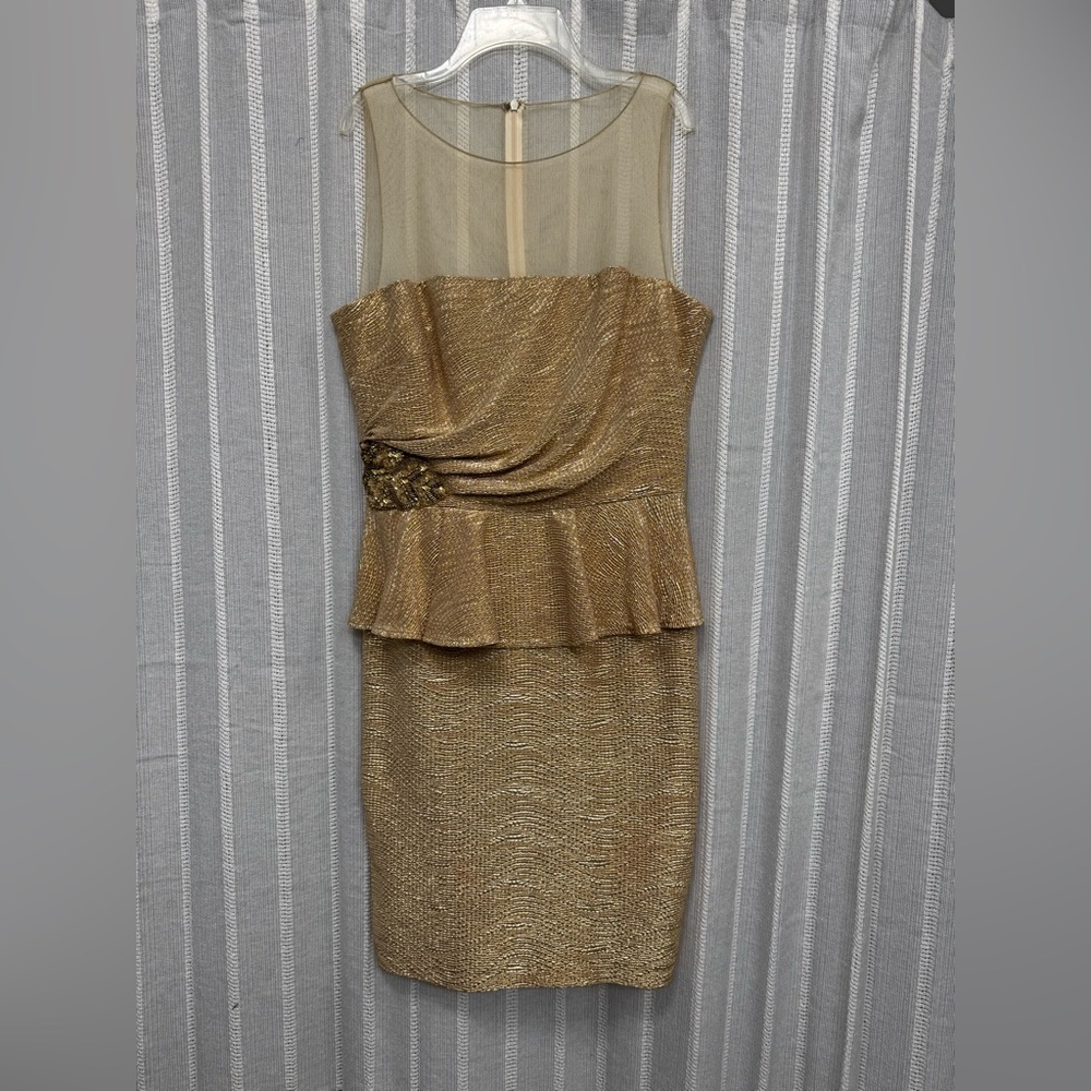 David Meister Gold Metallic‎ Illusion Neck Peplum Sheath Party Dress Size 10 EUC